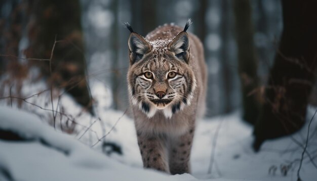 Grote wilde kat starende gevlekte vacht in sneeuw gegenereerd door AI