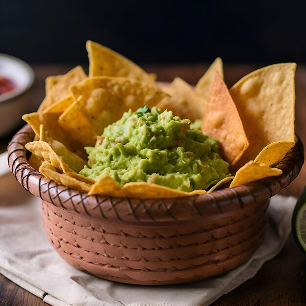 Guacamole met nachos en salsa op houten achtergrond