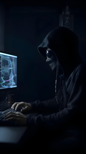 Gratis foto hacker die computer gebruikt in een donkere kamer cybercrime concept donkere achtergrond