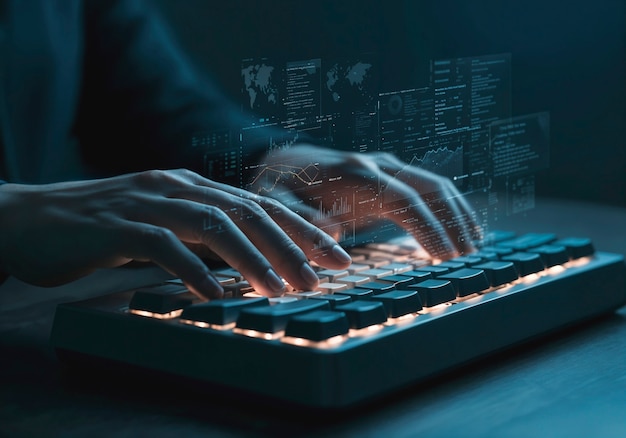 Hacker using a computer keyboard with data visualization