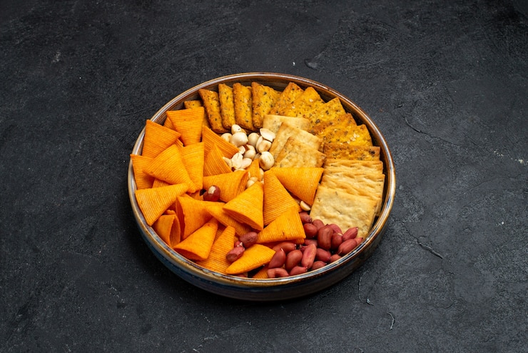 Gratis Foto half bovenaanzicht verschillende snacks crackers noten en chips op donkergrijs oppervlak snack knapperig cracker zout
