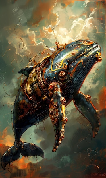 Half walvis, half robot in fantasy stijl.