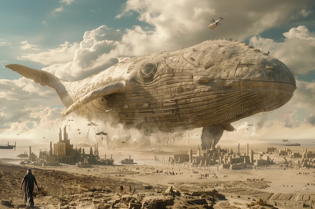 Half walvis, half robot in fantasy stijl.