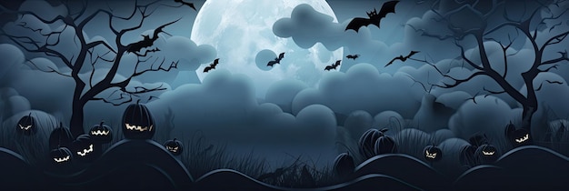 Gratis foto halloween achtergrond met enge pompoenen en vleermuizen in een donker bos 's nachts