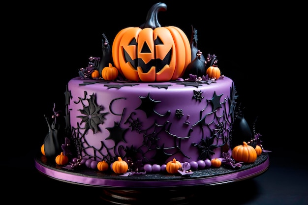 Halloween-cake met pompoenvorm paarse en zwarte achtergrond