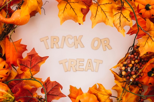 Gratis foto halloween concept met herfstbladeren en letters