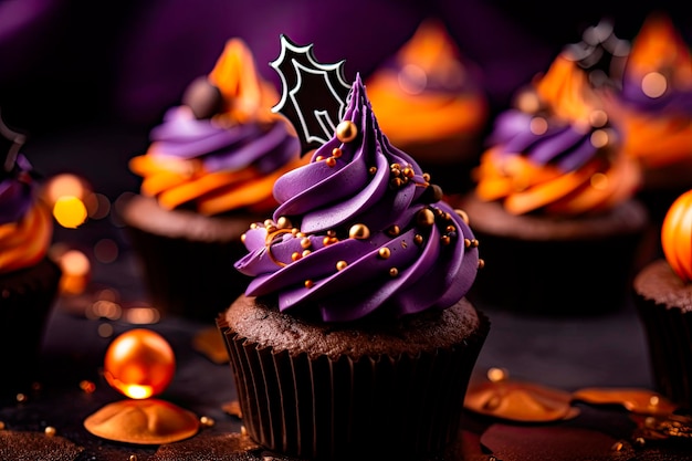 Halloween cupcakes met paarse crème op donkere achtergrond