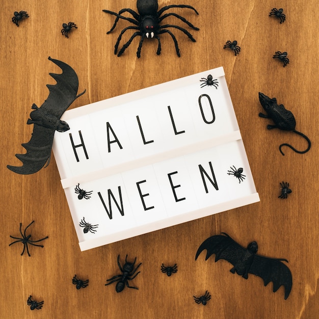 Halloween decoratie met bord, vleermuizen en spinnen