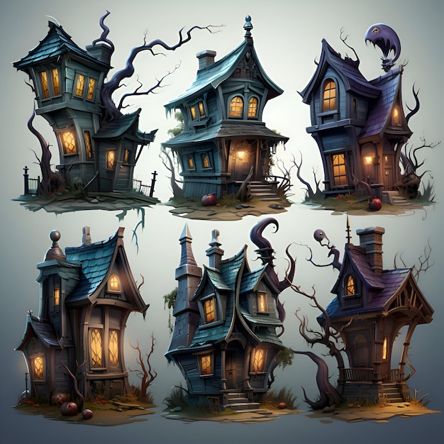 Gratis foto halloween spookachtige huizen in het donkere bos vector illustratie voor uw ontwerp