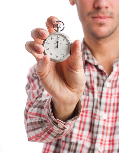 Hand close-up van een uitvoerend met een chronometer