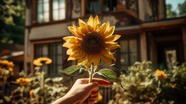 Hand die mooie zonnebloem vasthoudt