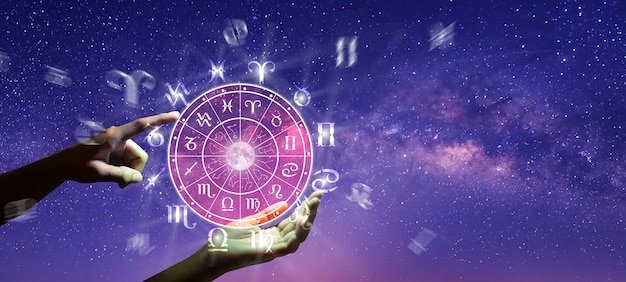 Hand- en astrologische sterrenbeelden in de horoscoopcirkel
