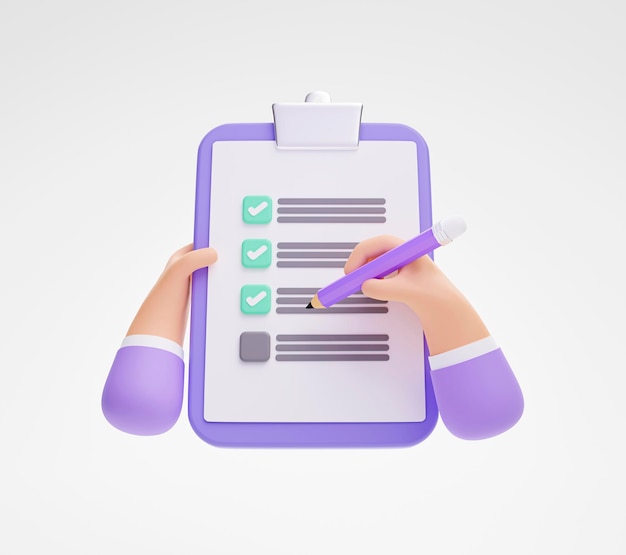 Hand houden en schrijven checklist aanvraagformulier document op klembord op witte achtergrond 3d illustratie