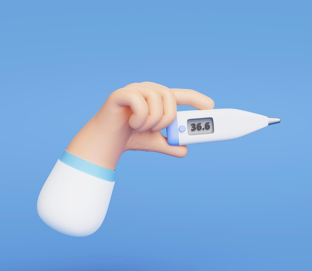 Hand houdt medische thermometer pictogram teken of symbool op blauwe achtergrond 3d illustratie cartoon gezondheidszorg en medische concept