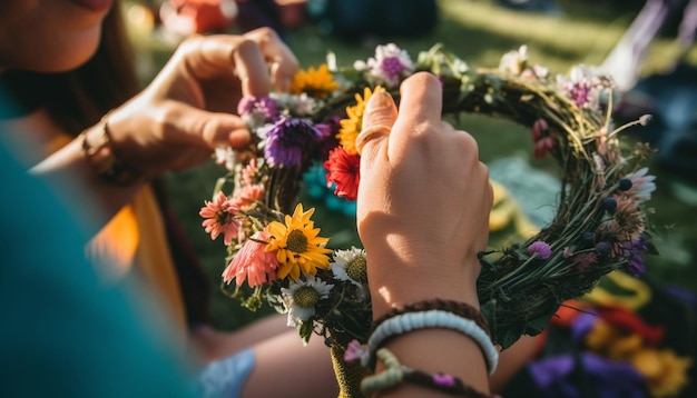 Hand met boeket bloemen buitenshuis gegenereerd door AI