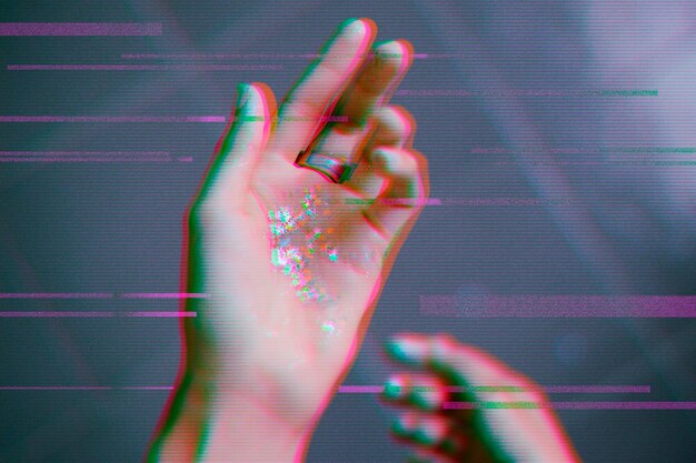 Hand met glitch-overlay in 3D-toon