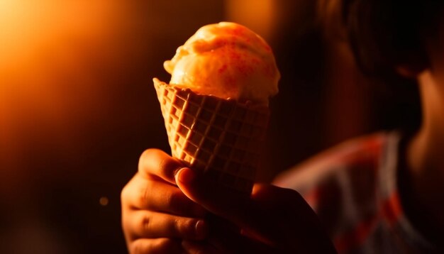 Hand met ijsje zomer verwennerij gegenereerd door AI