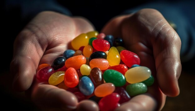 Gratis foto hand met kleurrijke snoep zoete verwennerij uit de kindertijd gegenereerd door ai