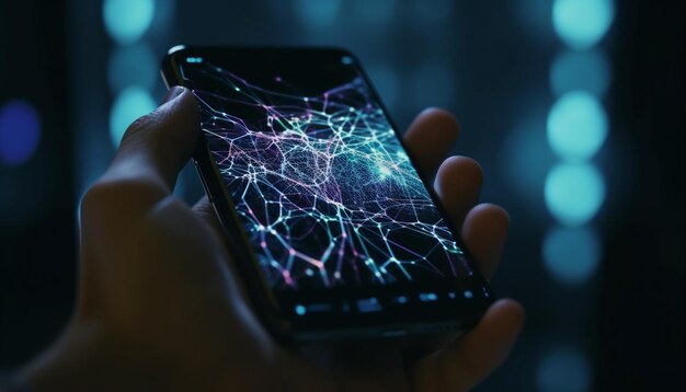 Hand met smartphone sms'en in het donker gegenereerd door AI