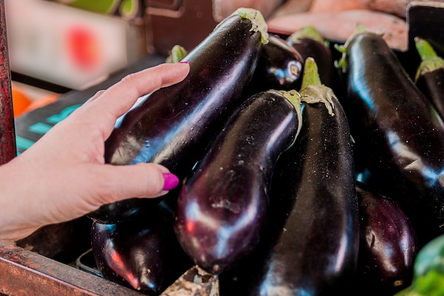 Hand op verse aubergines - aubergines, close-up. vrouwelijke keuze. vrolijke jonge vrouwelijke klant die verse aubergine op fruitmarkt kiest