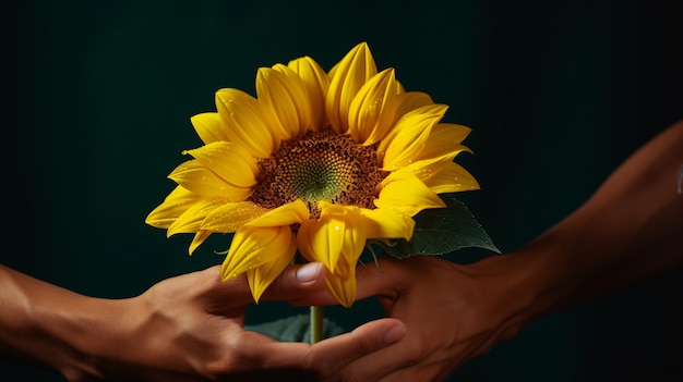 Gratis foto handen die zonnebloem vasthouden