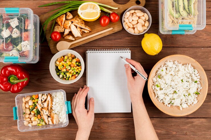 Gratis Foto handen schrijven op een notitieboek met stoofpotten en eten.
