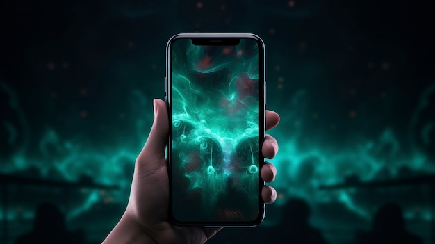 Handhoudende smartphone met abstract behang dat uit het scherm komt