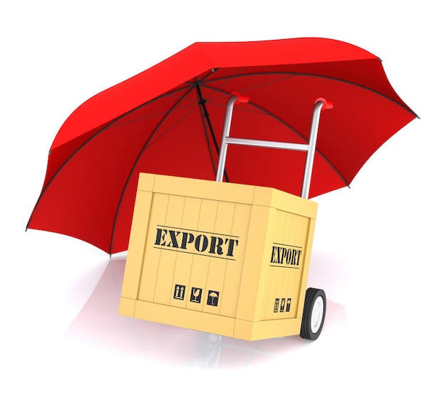 Handvrachtwagen exportdoos en rode paraplu. 3d-rendering