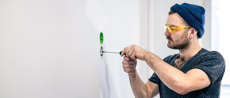 Gratis Foto handyman werkt met elektriciteit een man met een beschermende bril
