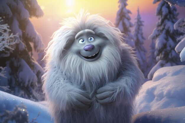 Harig yeti-karakterschepsel in de winterlandschap