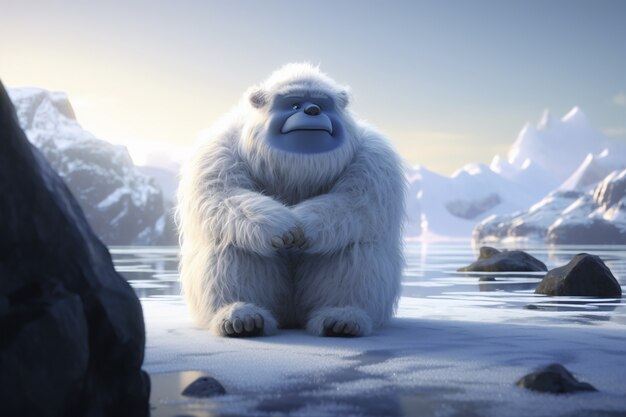 Harig yeti-karakterschepsel in de winterlandschap