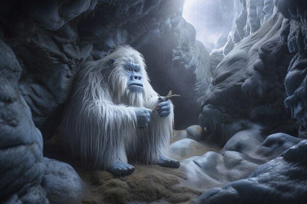 Harige yeti-persoonlijkheid in het winterlandschap