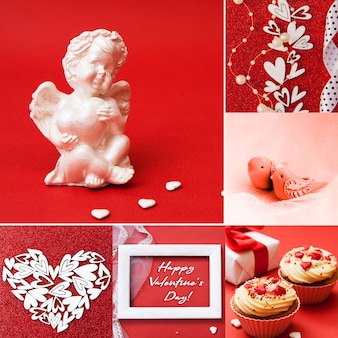 Harten, engel, paar vogels, bloemen, cupcakes op een rode achtergrond. valentijnsdag collage