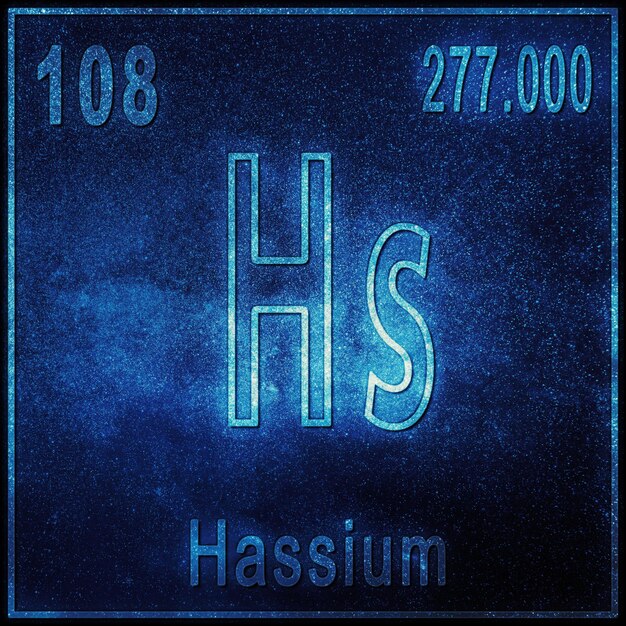 Hassium scheikundig element, bord met atoomnummer en atoomgewicht, periodiek systeemelement