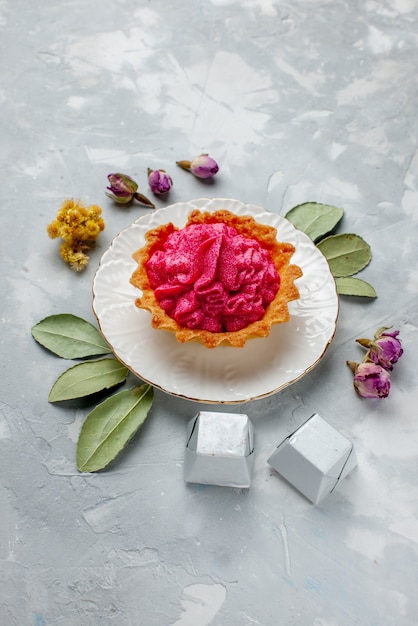 heerlijk gebakken cake met roze room en chocolaatjes op licht, cakekoekje zoete bakroom