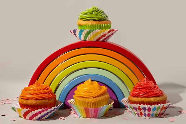 Gratis foto heerlijk stilleven van regenboogcupcakes