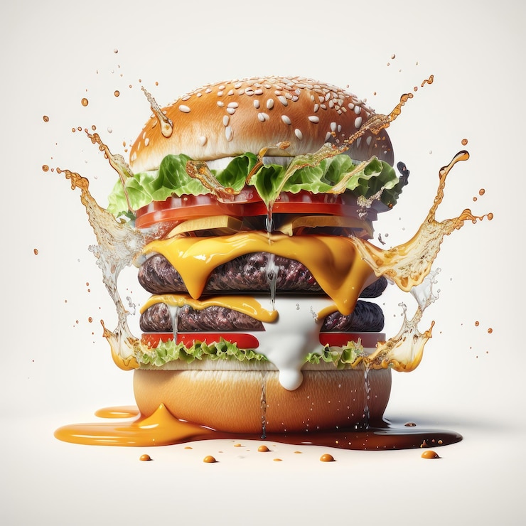 Gratis Foto heerlijke burger met veel ingrediënten geïsoleerd op een witte achtergrond lekker cheeseburger splash saus