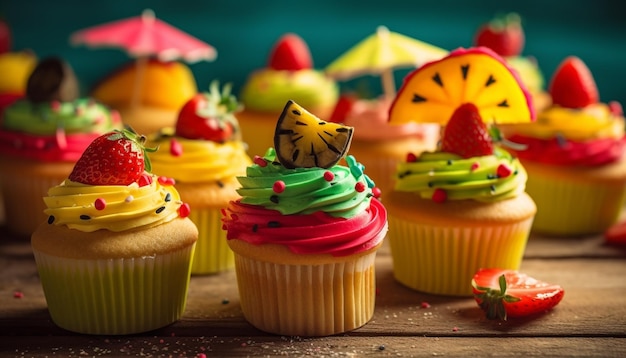 Gratis foto heerlijke cupcakes met verse bessenversieringen op generatieve ai van hout