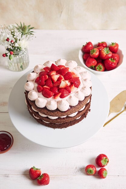 Heerlijke en zoete cake met aardbeien en baiser op een bord