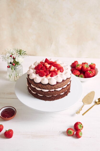 Heerlijke en zoete cake met aardbeien op een bord