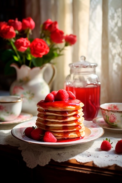 Gratis foto heerlijke fotorealistische pannenkoeken met aardbeien