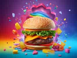 Gratis foto heerlijke hamburger in kleurrijke studio