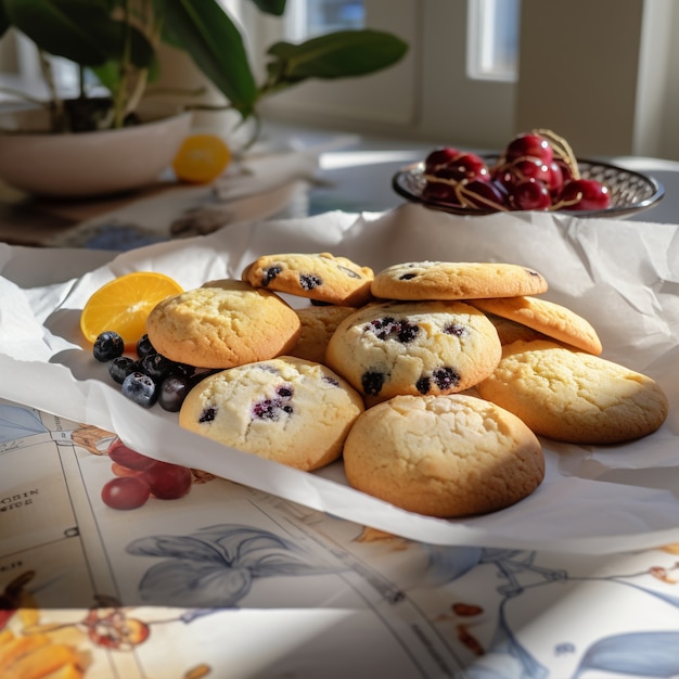 Gratis foto heerlijke koekjes met fruitarrangement