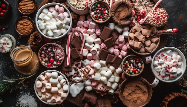 Heerlijke zelfgemaakte warme chocolademelk met marshmallows en koekjes gegenereerd door AI