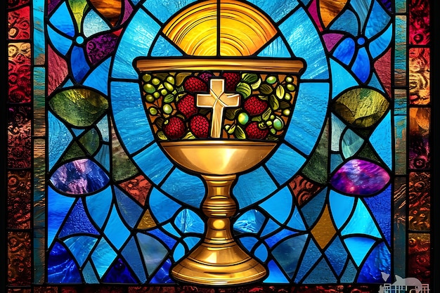 Gratis foto heilige communie religieuze scène afgebeeld op kleurrijk gebrandschilderd glas