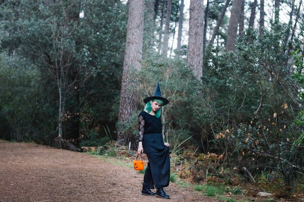 Heksenmeisje die in hout loopt