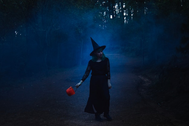 Heksenmeisje op mistige weg