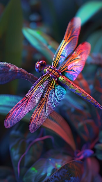 Gratis foto helder dragonfly met neon tinten