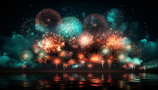Helder kleurrijk vuurwerk verlicht de donkere nachtelijke hemel ter viering gegenereerd door kunstmatige intelligentie