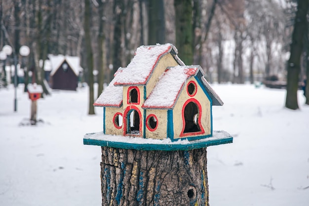 Heldere vogelvoeder in het winterbos